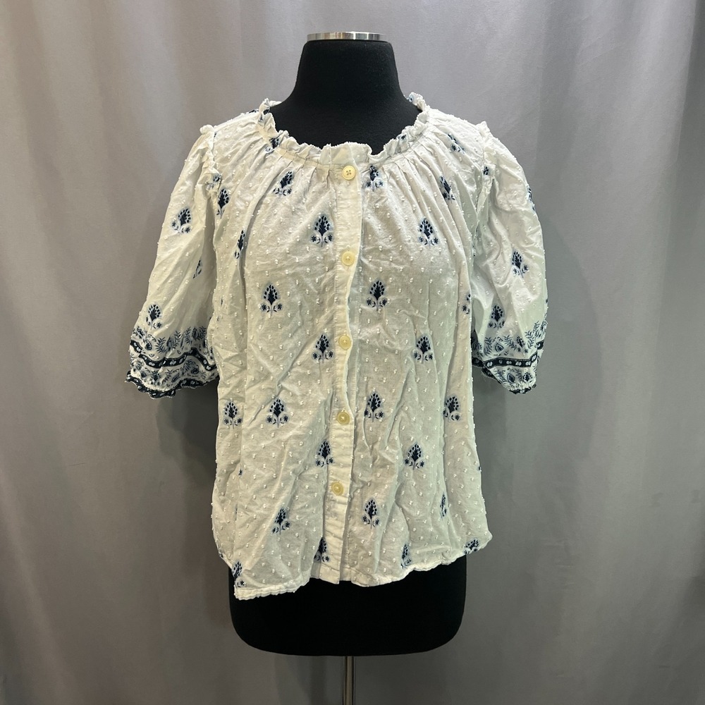 Loft Blouse Womens XL White Blue Floral Print Cotton Button Front Ruffled Neck